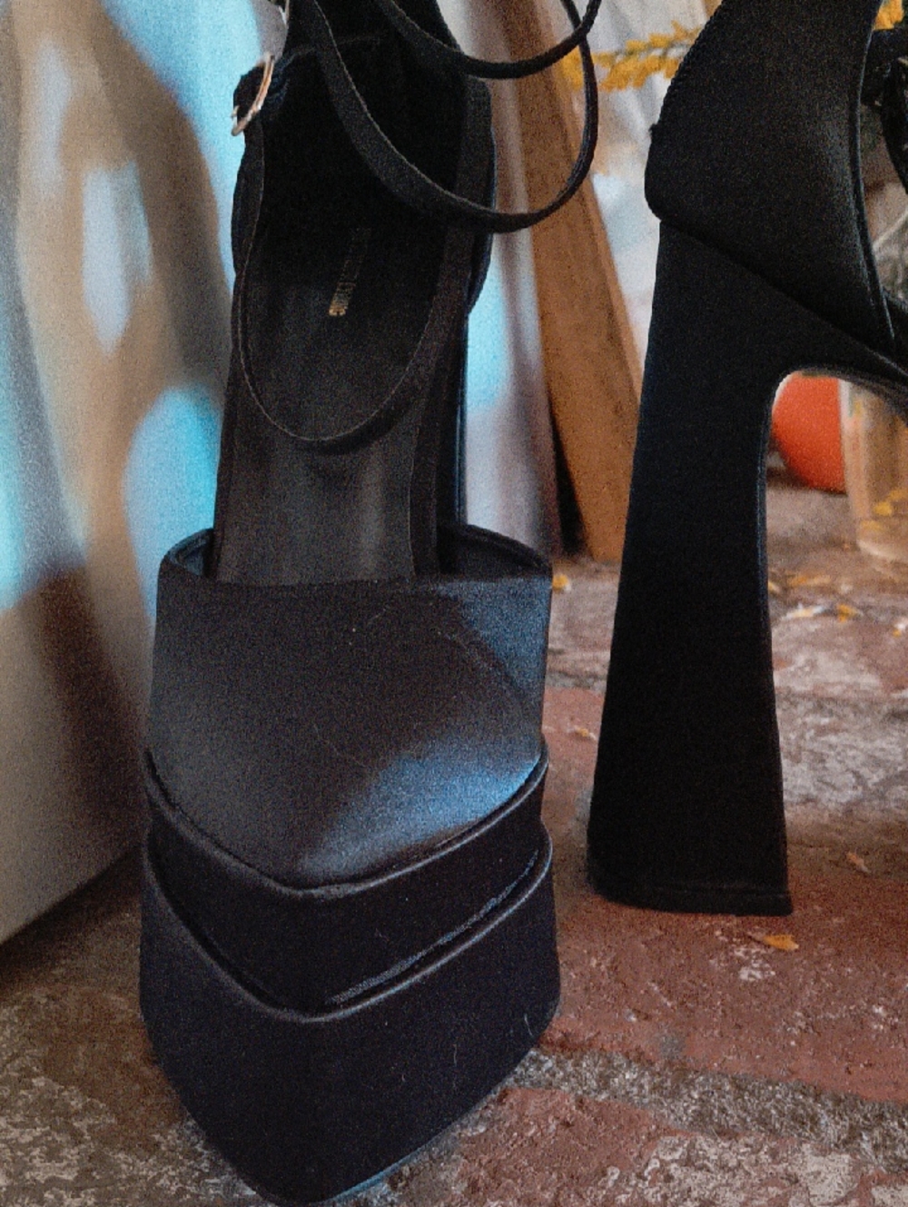 Triple-Strap Black Satin Platform Block Heels - Picture 6 of 11